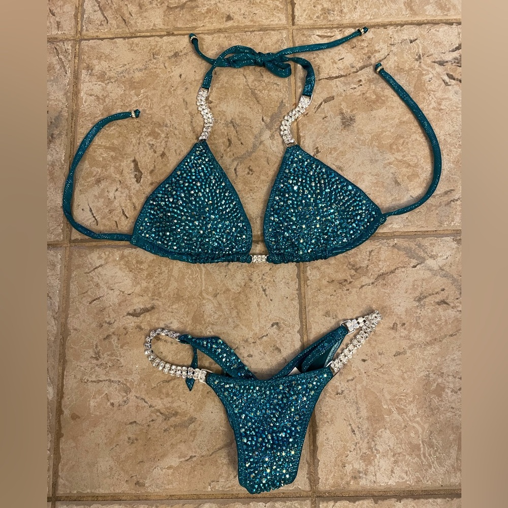 New Ravish Sands competition bikini crystals teal aqua bodybuilding show